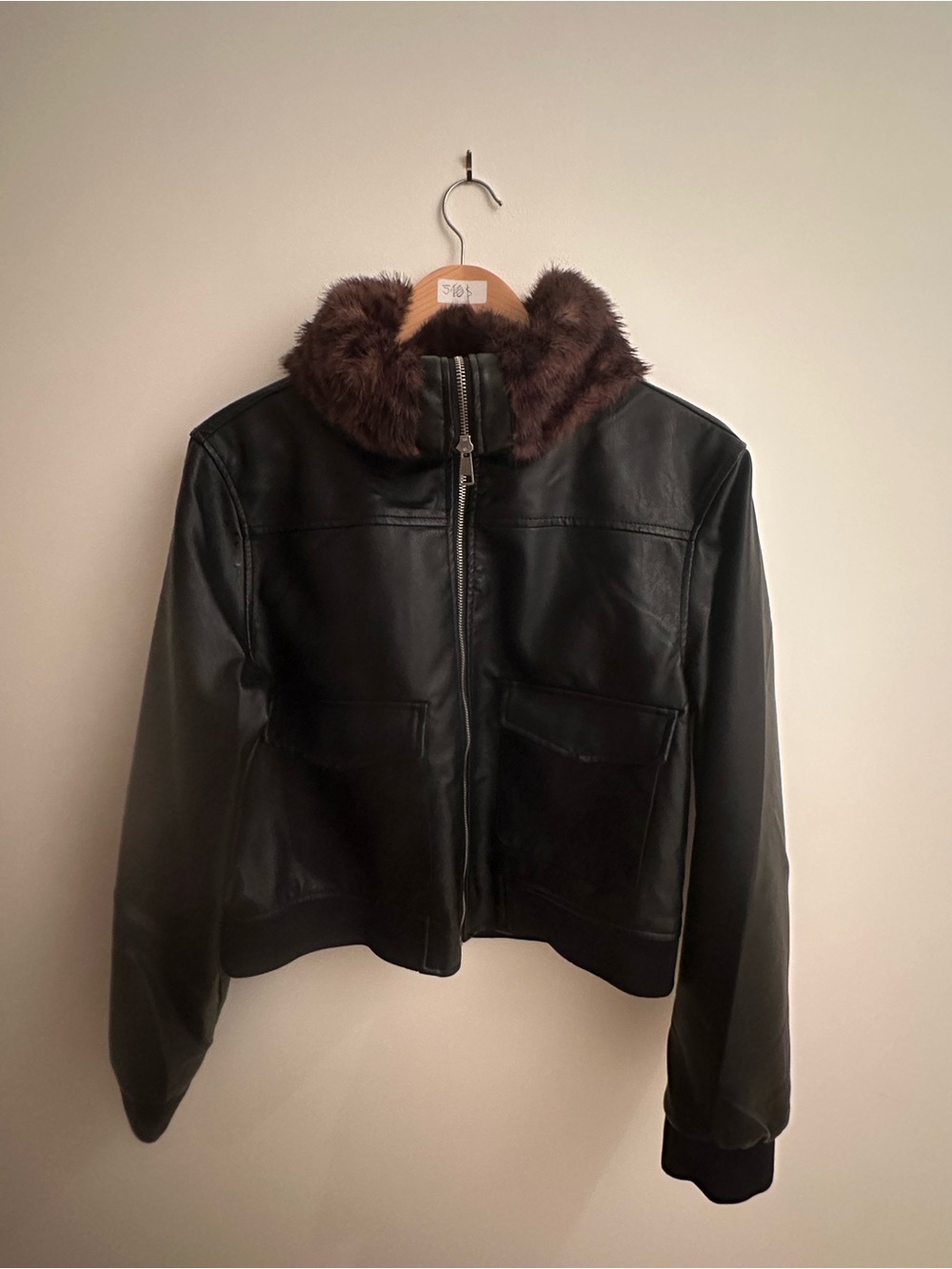Cavalini Black Leather Jacket with Brown Faux Fur Collar